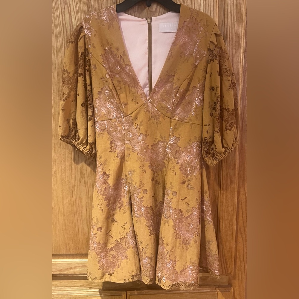 Keepsake the Label Lace Overlay Mini Dress in Golden Yellow Brown Size Small